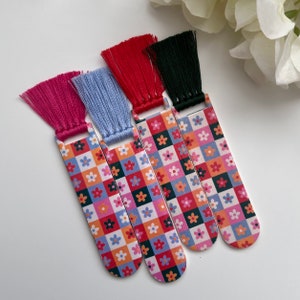 Handmade Polymer Clay Bookmark: Floral Checkerboard Tassel
