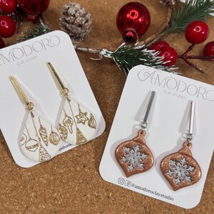 Handmade Polymer Clay Christmas Earrings: Snowflake Ornament Dangles
