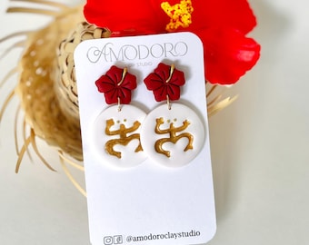 Handmade polymer Clay Dangle Earrings: Boricua Maga Flower stud, coqui Taino Art