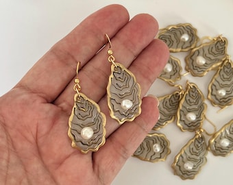 Handmade Oyster Shell polymer clay Earrings Pearl accents Accessory Gold Detail Dangle Earring Summer