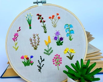 花の刺繍パターンPDF、ビデオチュートリアル、フラワーデザイン、初心者のための刺繍、ボタニカル刺繍、