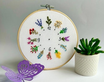 刺繍枠時計、手刺繍時計、花柄壁掛け時計、室内装飾、花好きの方への