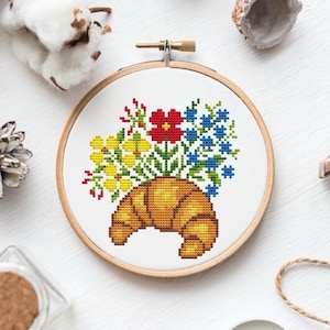 Croissant and Flowers Cross Stitch Pattern PDF, Modern Embroidery Design, French Bakery Kitchen Decor, Instant Download, Bakery cross stitch