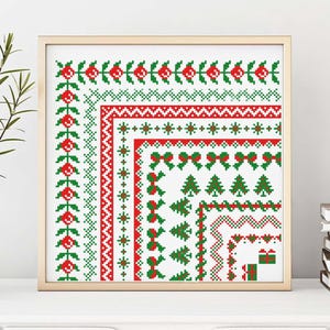May include: A collection of 25 different Christmas-themed cross-stitch patterns, including borders, bows, trees, and a gift box. The patterns are in red, green, and white.