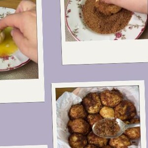 May include: A collage of three polaroid-style photos showing the preparation of a dessert. One photo shows a hand dipping a dough ball into a yellow liquid. Another shows a dough ball covered in a brown powder. The third shows a basket of the finished dessert.