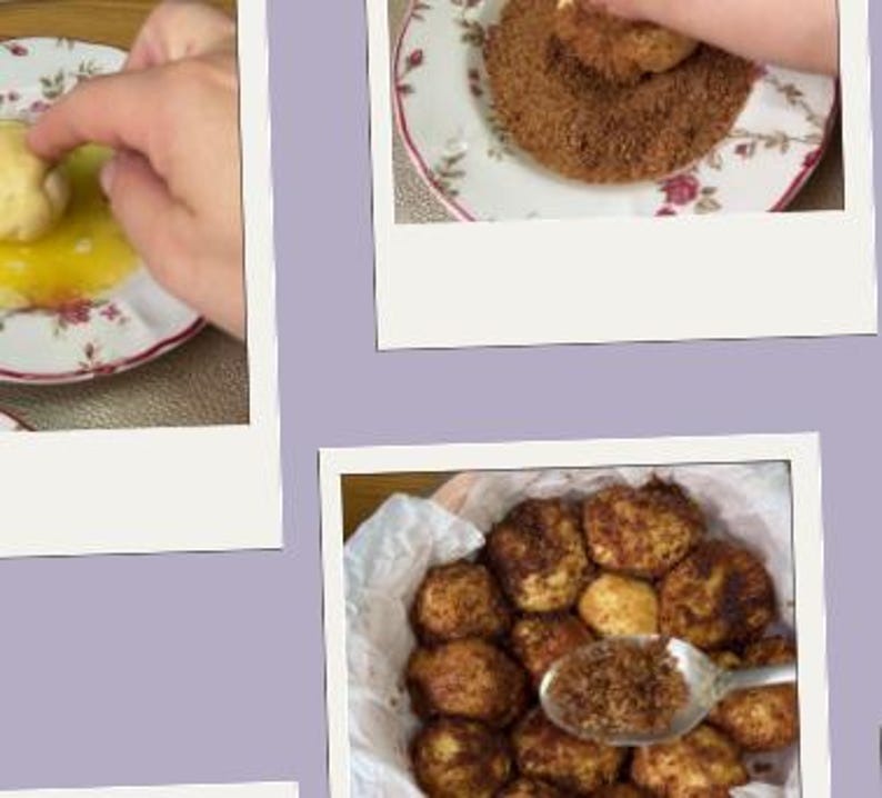 May include: A collage of three polaroid-style photos showing the preparation of a dessert. One photo shows a hand dipping a dough ball into a yellow liquid. Another shows a dough ball covered in a brown powder. The third shows a basket of the finished dessert.