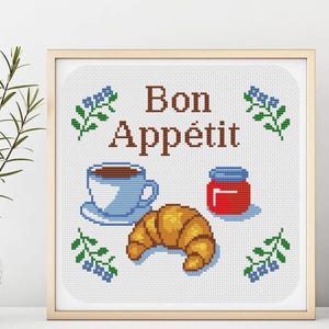 Bon Appétit Cross Stitch Pattern PDF | French Breakfast Cross Stitch Design | Coffee Croissant Kitchen Decor | Instant Download Chart