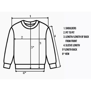 May include: A diagram of a sweatshirt with labeled measurements. The labels include: shoulders, pit to pit, length of back from front, sleeve length, length back, and hem. The sweatshirt is white with black lines and text.