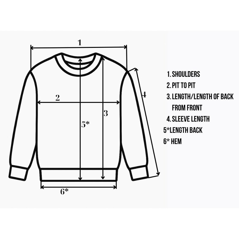 May include: A diagram of a sweatshirt with labeled measurements. The labels include: shoulders, pit to pit, length of back from front, sleeve length, length back, and hem. The sweatshirt is white with black lines and text.
