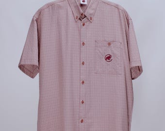Men's MAMMUT Outdoor Vintage Nylon Burgundy Micro Plaid Hiking Button Shirt Size XL