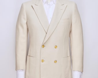 Blazer de hombre BRIONI estilo romano, cruzado, con botones dorados, de lana y mohair beige, talla 39/49.
