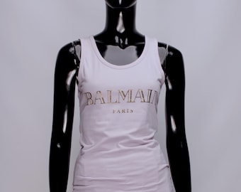 Women's BALMAIN Paris Vintage Gold Printed Logo Pink Sleeve Lees Tank Top Size M