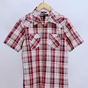 Mens OAKLEY Cotton Metallic Red Plaid Short Sleeve Slim Fit Snap Shirt Size S