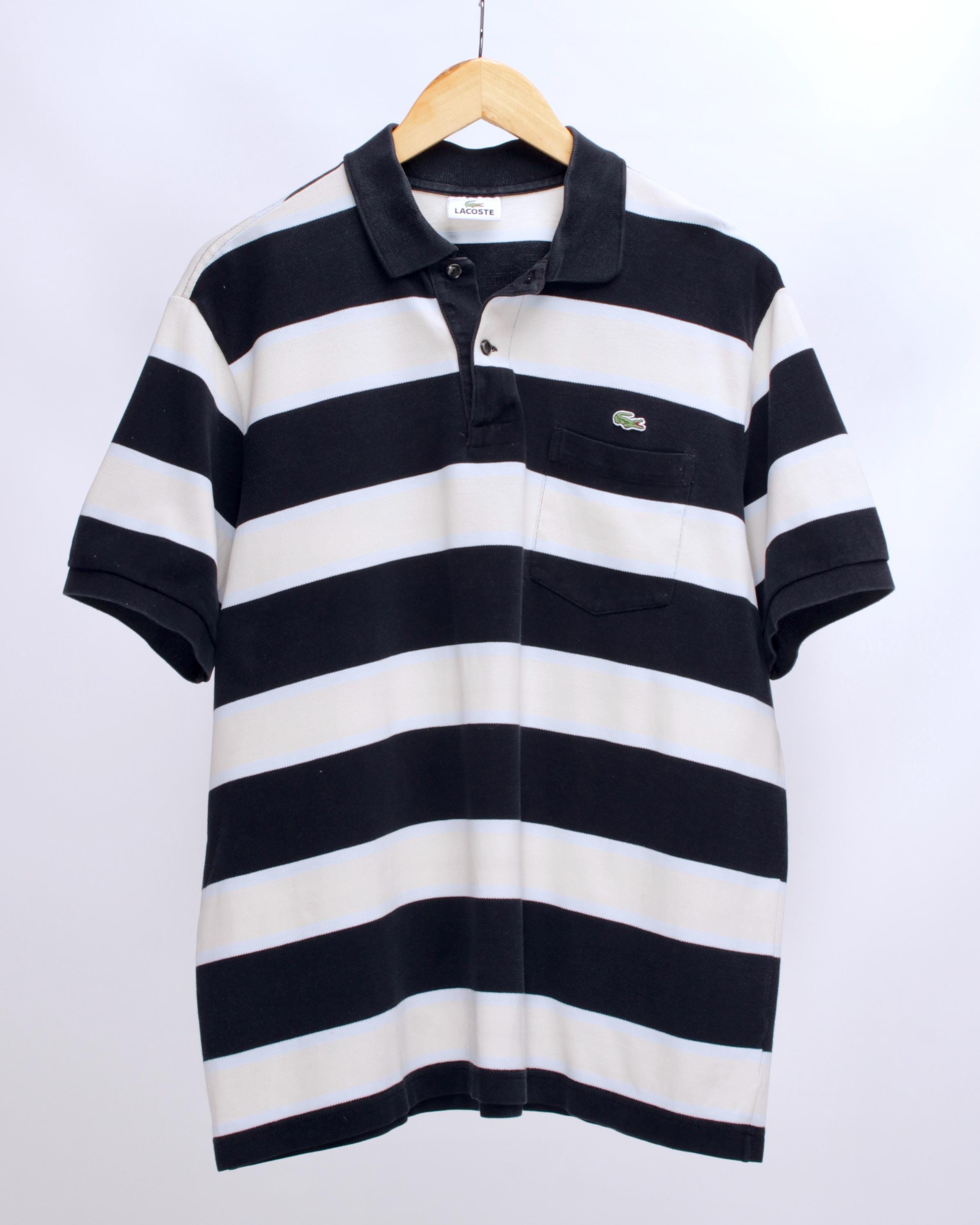 メンズ LACOSTE ヴィンテージ ワイドストライプ ブラック ベージュ 
