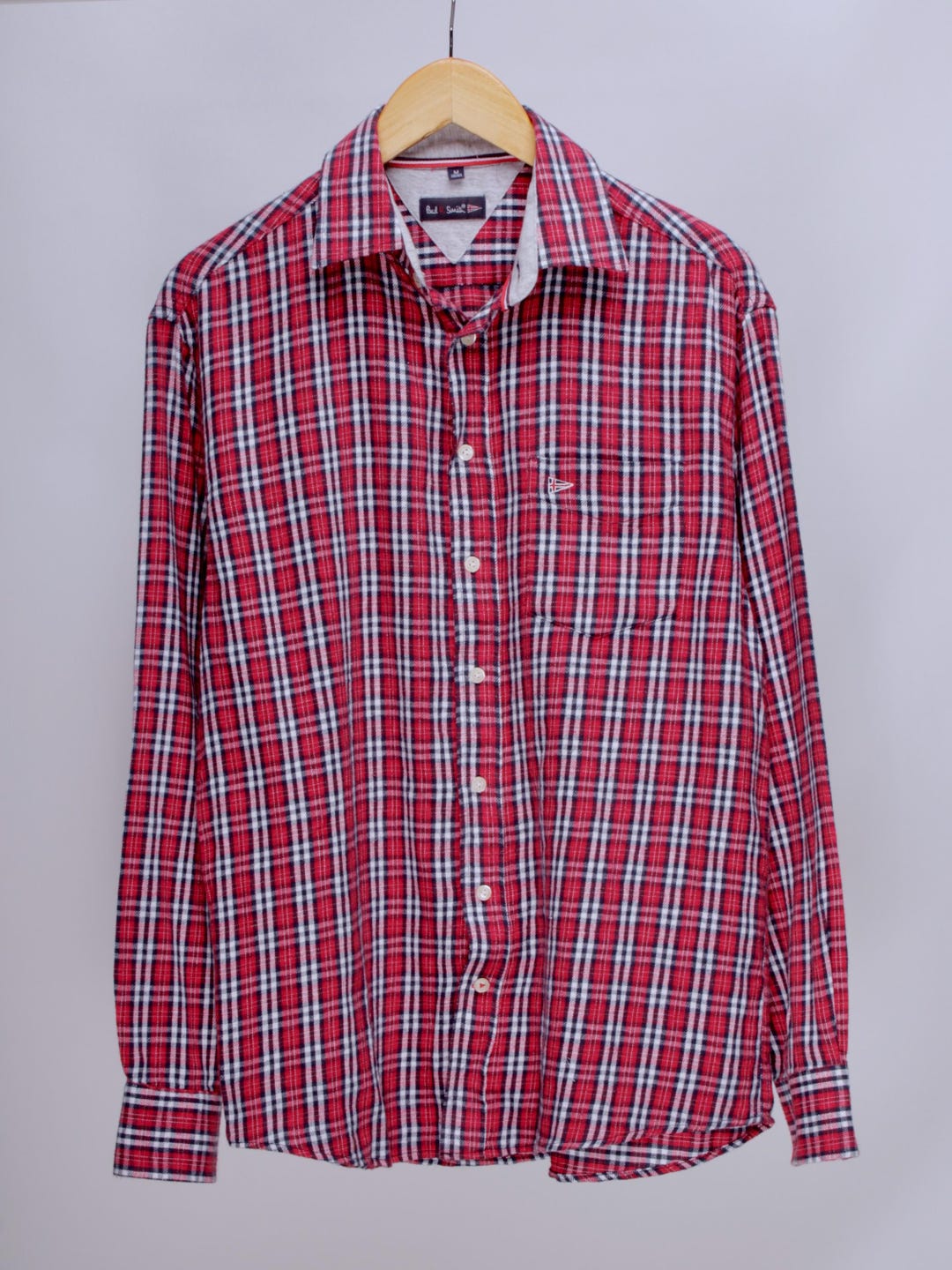 Paul R. Smith Label Men's PAUL R SMITH Vintage Flag Red Flannel Long Sleeve Plaid Button ...