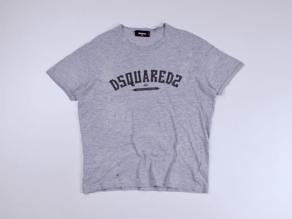 Dsquared2, Men's DSQUARED2 Vintage Lightweight Distressed Holes Paint Splatter Gray Italy Short Sleeve T-Shirt size XXL