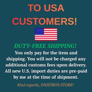 Puede incluir: Un gr&aacute;fico informativo de color verde azulado oscuro con texto naranja TO USA CUSTOMERS!, un icono de la bandera de EE. UU., texto verde DUTY-FREE SHIPPING! y texto blanco explicando que los aranceles de EE. UU. est&aacute;n prepagados, firmado DNISTROV.STORE.