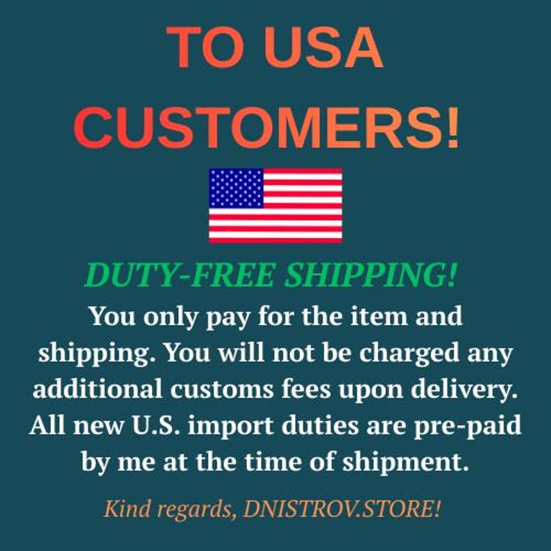 Puede incluir: Un gr&aacute;fico informativo de color verde azulado oscuro con texto naranja TO USA CUSTOMERS!, un icono de la bandera de EE. UU., texto verde DUTY-FREE SHIPPING! y texto blanco explicando que los aranceles de EE. UU. est&aacute;n prepagados, firmado DNISTROV.STORE.