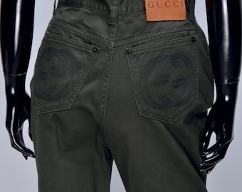 Women's GUCCI by Tom Ford Vintage GG Pockets Logo Wide Leg Green Pants Size 44