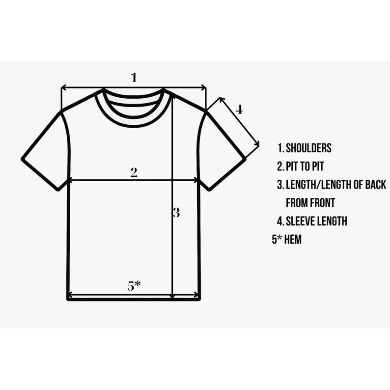 Puede incluir: Un dibujo lineal en blanco y negro de una camiseta que muestra puntos de medici&oacute;n. Las etiquetas incluyen 1. SHOULDERS, 2. PIT TO PIT, 3. LENGTH/LENGTH OF BACK FROM FRONT, 4. SLEEVE LENGTH y 5* HEM, con flechas que indican las &aacute;reas a medir.