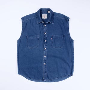 Herr LEVI'S Vintage 90-tals röd flik blå denimjeans väst med knappar storlek XL