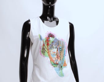 Regata feminina Y2K ROBERTO CAVALLI Class Vintage Algodão Branco Contas Pedra Tamanho 12