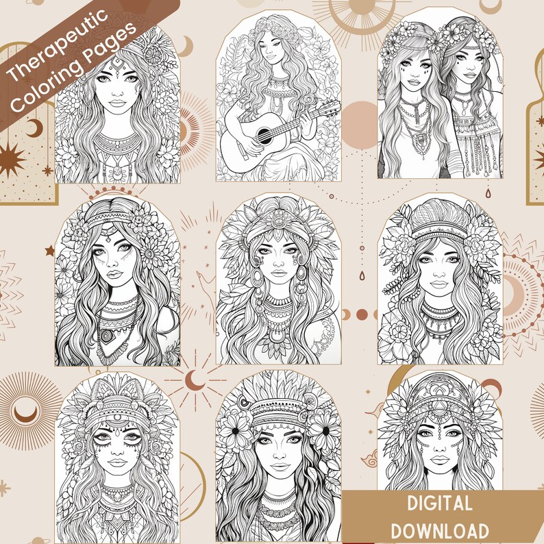 Bohemian Hippie Girls Coloring Pages for Adults, Coloring for