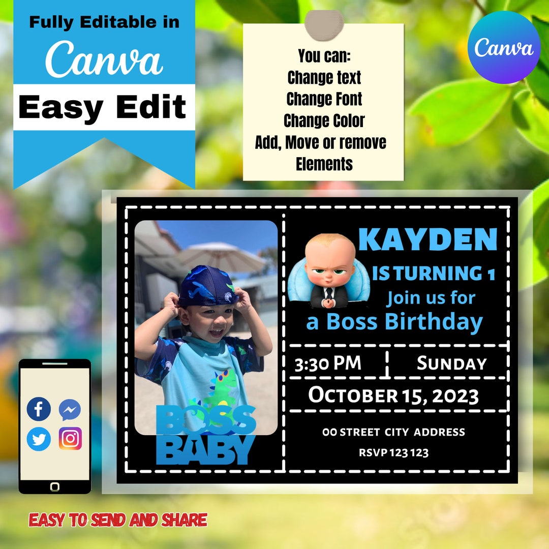 Editable Baby Boy Birthday Invitation Template With Photo Boss Etsy