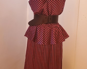 Real Vintage Disco Sexy Late 70s/80s  Plum Satin and Black Chiffon Stripe Cabaret Cocktail Dress with Peplum and Side Split