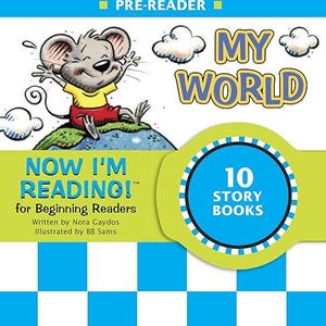 May include: A children's book cover with a cartoon mouse on a small planet, with the title "MY WORLD" in yellow letters. The book is titled "NOW I'M READING!" and has 10 story books.