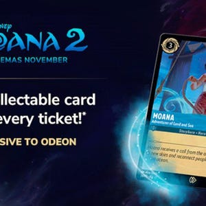 May include: A blue and white collectible card featuring Moana from the Disney film Moana 2. The card has a blue background with a white border and features a picture of Moana standing on a boat with a blue sky and ocean in the background. The text "Moana" is printed in white on the card, along with the text "Adventure of Land and Sea". The card also has a number "3" printed in the top right corner and a number "6" printed in the bottom right corner.