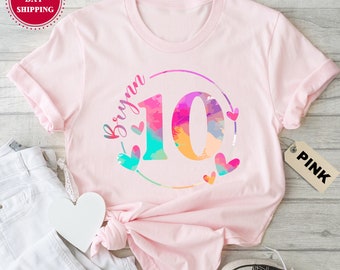 Personalized Birthday Girl Shirt, Custom Age With Kids Name Birthday Shirt, Birthday Gift, Customized 10th Birthday Tee, Tenth Birthday Gift