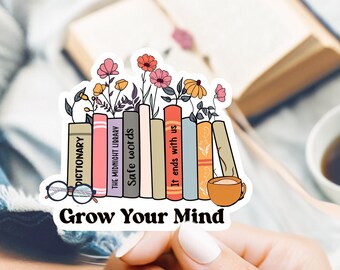 Bookish Sticker-Row of books, "grow your mind", with glasses and flowers, school laptop sticker, school water bottle or tumbler sticker