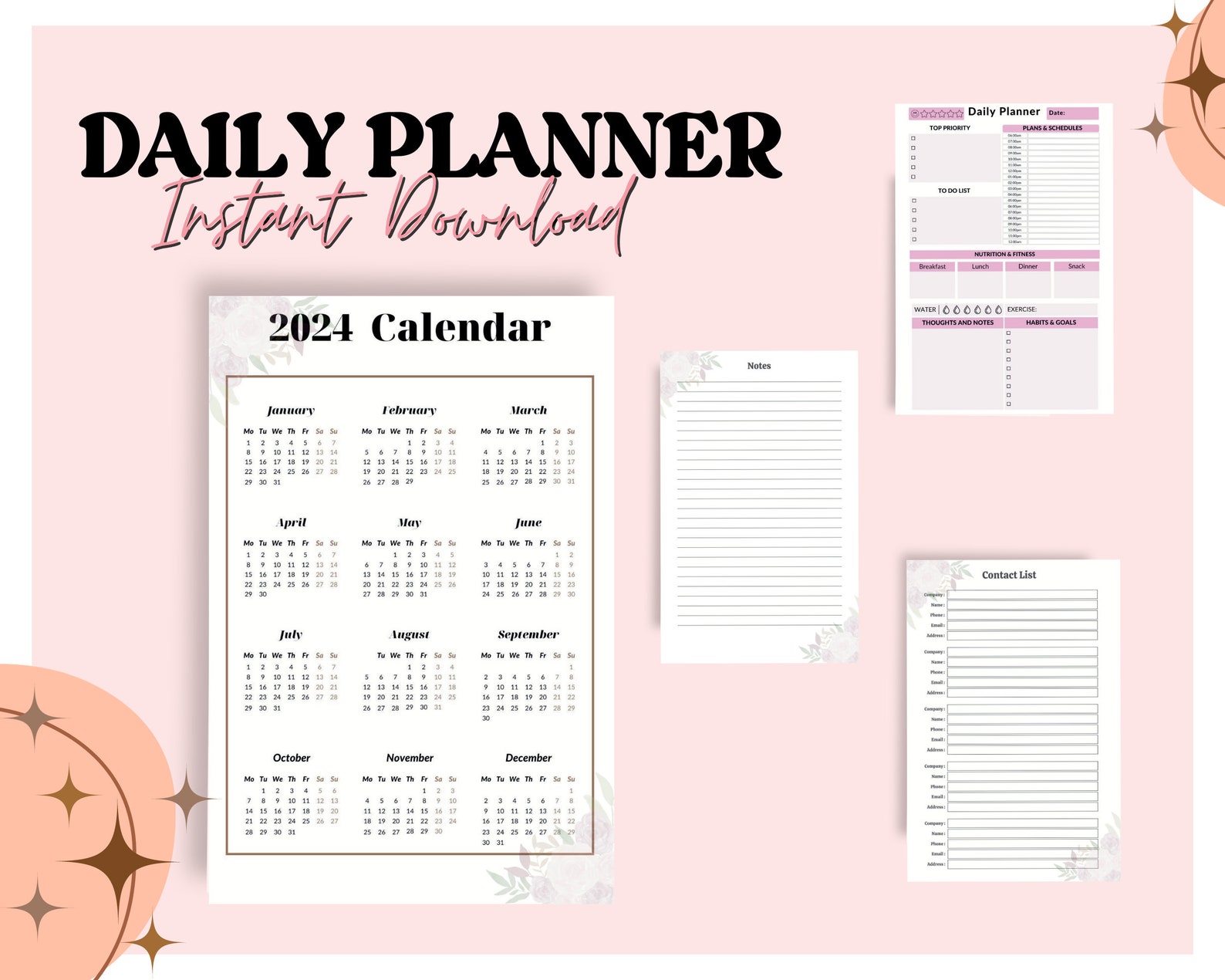 Agenda 2024, Daily Planner 2024, Printable Planner, Floral Planner