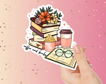 Coffee Bookish Sticker, teacher gift, reader, school laptop decal, tumbler decor, gift for mom, friend, daughter, floral glasses, latte
