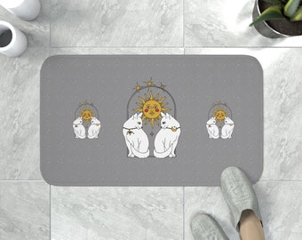 Celestial Cat Whimsical Memory Foam Bath Mat, whimsigoth, grey and white bathroom, tarot decor, witchy aesthetic, new apartment gift