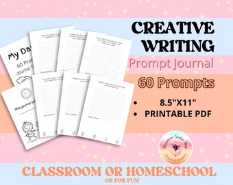 Creative Writing Journal for Kids-60 prompts, PDF, 8.5 x 11, drawing space, Q&A, homeschooling, bell ringer, kids  gratitude and imagination