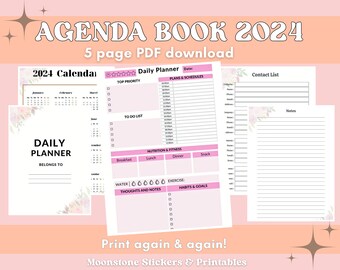 Agenda 2024, Daily Planner 2024, Printable planner, floral planner, simple planner for women, girlsself-care, agenda book pink, future goals