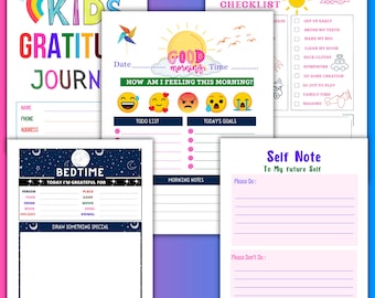 Kids Gratitude Journal-printable children's gratitude pages with checklists, goals, drawing, emotions, notes, and reminders.