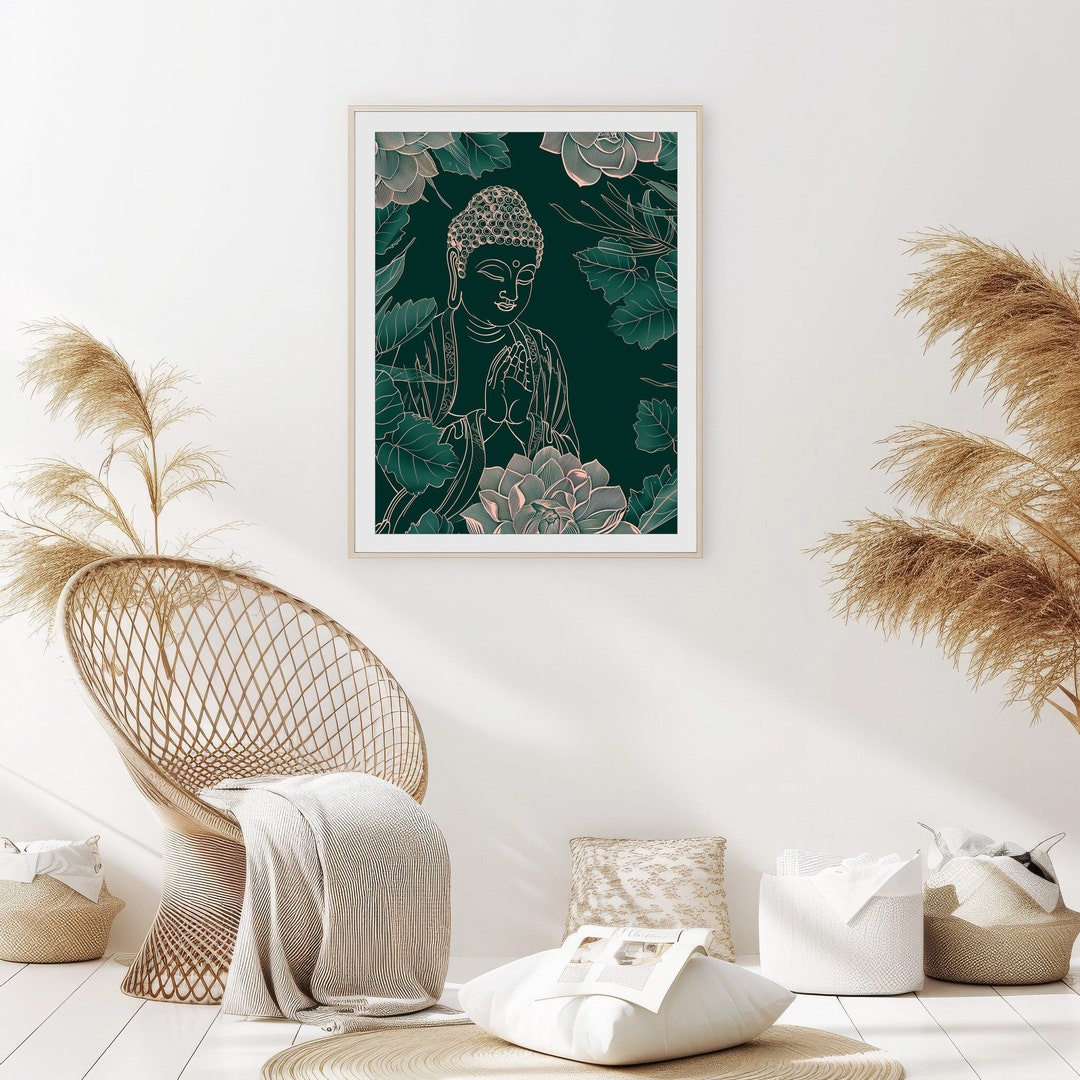Buddha Floral Garden Line Art Print, Framed Meditation Art, Elegant ...