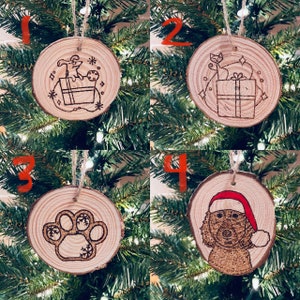 Wood Burned Christmas Ornament (Cat & Dog W/ Christmas Present, Paw Print, Dog W/ Santa Hat). Handmade. Wood Burn Decor.