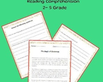 May include: Three sheets of paper with the text "Christmas Reading Comprehension 2-5 Grade" on a green background. The papers are for answering questions about "The Magic of Christmas". A yellow circle with the word "Safari" is in the lower left corner.