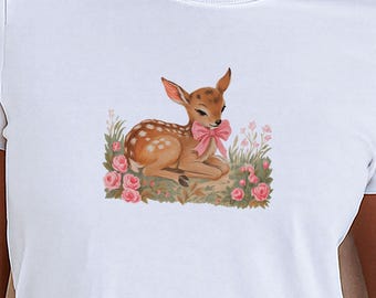 Vintage Fawn Shirt, Floral Baby Deer Shirt, Floral Fawn T-Shirt, Baby Fawn Tee, Cottagecore Deer Shirt, Wildlife Tshirt, Nature Lover Gift