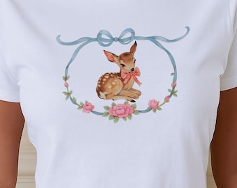 Vintage Fawn Shirt, Coquette Bow Baby Deer Shirt, Floral Fawn T-Shirt, Fawn Tee, Cottagecore Deer Shirt, Wildlife Tshirt, Nature Lover Gift