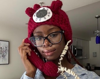 Telephone Hat - Customizable Stylish Rotary Phone Hat Accessory, Weird, Knit, Unique, avant garde, Retro, Ski Mask