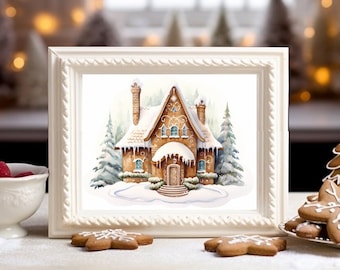 May include: A watercolour painting of a gingerbread house in a snowy woodland setting. The house has a brown roof with white trim and a gingerbread door. The house is surrounded by pine trees and snow.