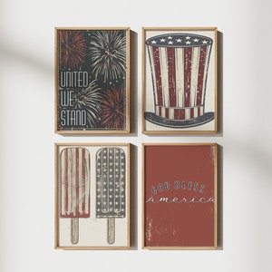 Arte patriótica de parede, conjunto de 4 decoração de 4 de julho, impressões digitais para impressão do Memorial Day, arte do Dia da Independência, decorações de 4 de julho