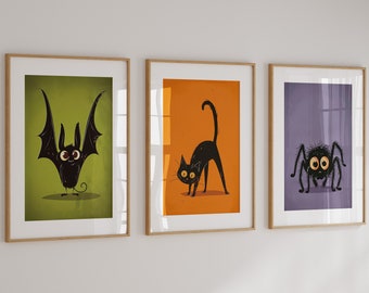 Halloween Gallery Wall Bundle, Halloween Digital Printable Wall Art, Gallery Wall Set of 3, Autumn Prints, Black Cat Decoration, Bat Decor