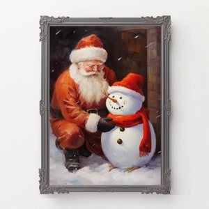 Santa Building a Snowman Christmas Wall Art | Printable Digital Download Xmas Decor | Santa Claus Art | Christmas Snowman Decoration