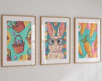 Retro Oster Dekor, Ostern Digital druckbare Wandkunst, Ostern Wohnkultur, Osterhase Druck, Osterhase Dekorationen, Galerie Wand Bundle